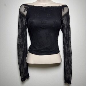 Dylan Ryan Women Whimsigoth Top Black Floral Lace Mesh Off Shoulder Fairy Grunge